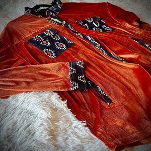 Rust Velvet Button-Up Shirt with Aztec Trim XL